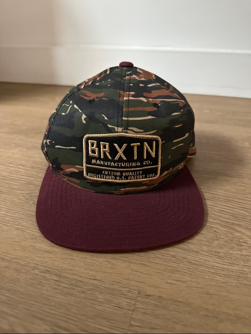 BRXTN Camo Snapback Hat with Burgundy Brim